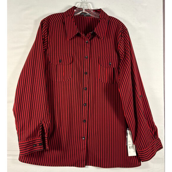 Notations Tops - Notations  Women's Wrinkle Free Black and Red Striped Button Up Blouse XL  NWT